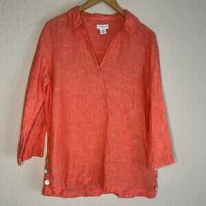 Antibes Blanc Coral Tunic Top 100% Linen Button Sides V Neck Breezy Lagenlook